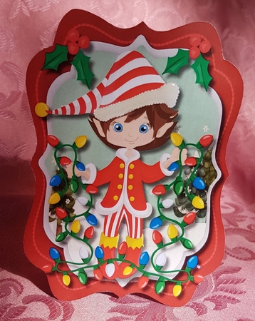 Red  Tent card with Gnomes Christmas Lights  by Deloraine Neubauer