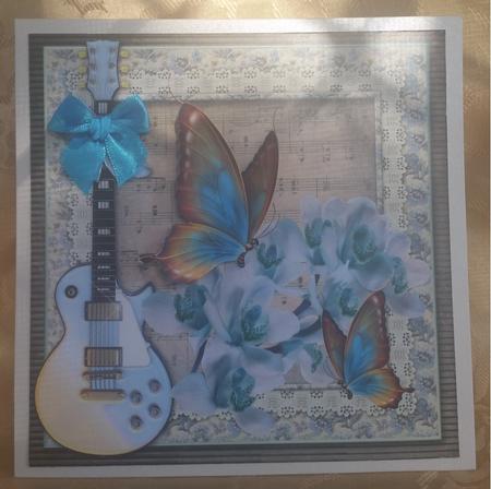 Pretty Blue Flowers, Guitar and Blue Butterflies 8x8 by Deloraine Neubauer