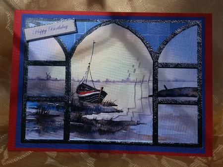 Moored Boat View from My Window Card Front by Deloraine Neubauer