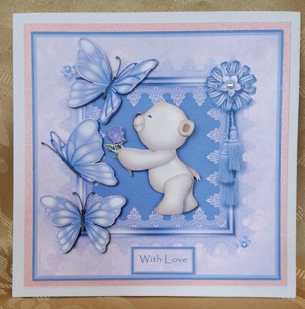 Bear with Rose and Butterflies Lilac Card Front by Deloraine Neubauer