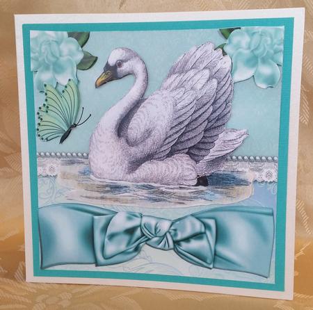 Pretty Vintage White Swan, Flowers, Turq Bow 8x8 Mini Kit by Deloraine Neubauer