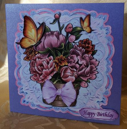 Pretty Basket of Flowers with Organza Bow 8x8 by Deloraine Neubauer