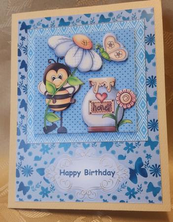 Blue Happy Birthday Bee Card Front by Deloraine Neubauer