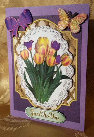Spring Purple and Yellow Tulips on Lace with Butterflies by Deloraine Neubauer