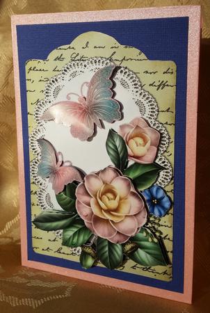 Wild Pink Roses on Lace with Butterflies and Script by Deloraine Neubauer
