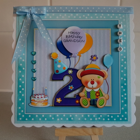 300dpi 6 x 6 ins Topper & Decoupage-Clown Bear 2nd Birthday, son/grandson/Nephew by Denise Barber