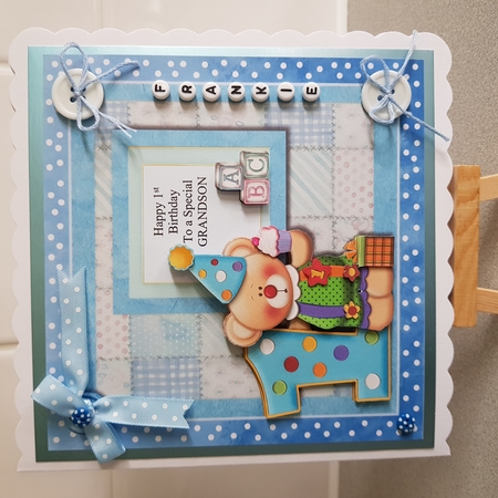 300dpi 6x6ins Card Topper with Decoupage, 1st Birthday Grandson or your own message by Denise Barber