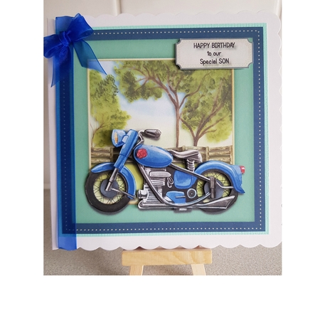300dpi 6 x 6 ins Topper and decoupage, Birthday, blue motor bike, choice of tags, male birthday by Denise Barber