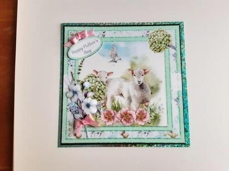 Spring Garden 16: Spring Lambs/Floral 8 x 8 Card Front with Sentiments, Mint Green/Pink by Denise Bentley