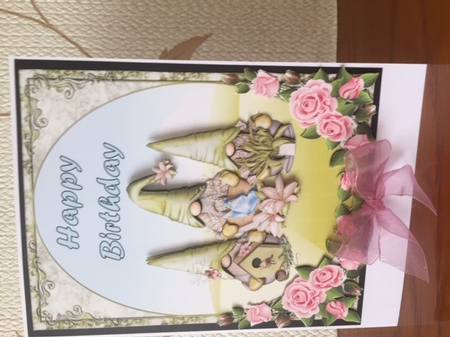Birthday Gnomes - 7x5 inch card front with decoupage by Denise Bentley