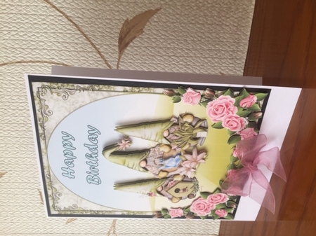 Birthday Gnomes - 7x5 inch card front with decoupage by Denise Bentley