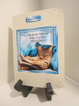 Lazy kitty with blue bird 8x8 by Denise Lada