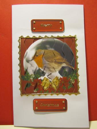 Christmas Robin Snow Globe Square Wavy Side Stacker by Denise Lada