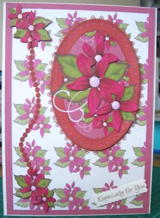 Red Floral, Lace and Pearl Decoupage Card Front by Denise MacLachlan