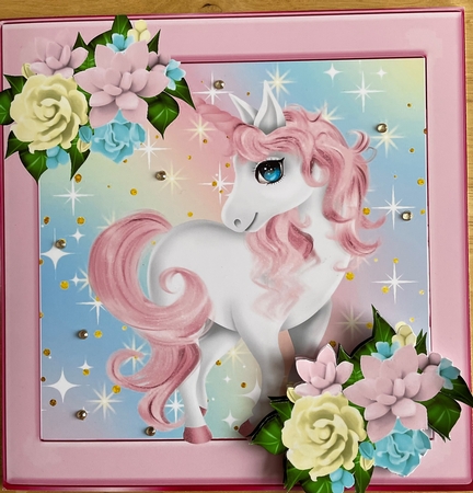 Pretty pink unicorn with stars and flowers 8x8 by Denise Mason