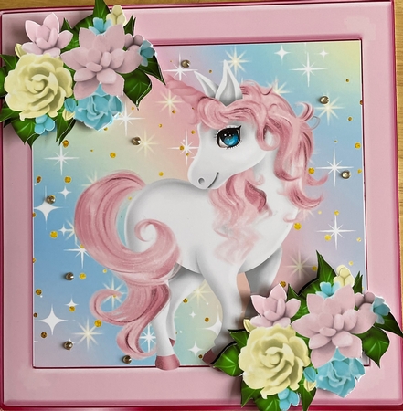 Pretty pink unicorn with stars and flowers 8x8 by Denise Mason