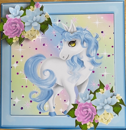 Pretty blue unicorn with stars and flowers 8x8 by Denise Mason