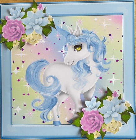 Pretty blue unicorn with stars and flowers 8x8 by Denise Mason