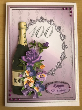 Champagne and Flowers 100th Birthday Decoupage Card by Denise Mason