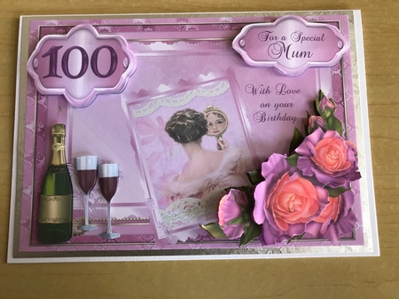 100th Birthday card with decoupage roses & vintage lady by Denise Mason
