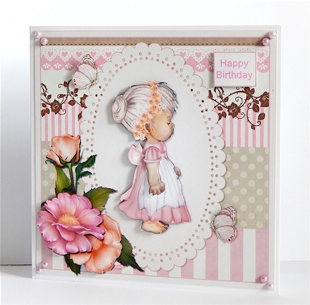 Sweet Girl In Pink Large Square Card Front by Denise Murray