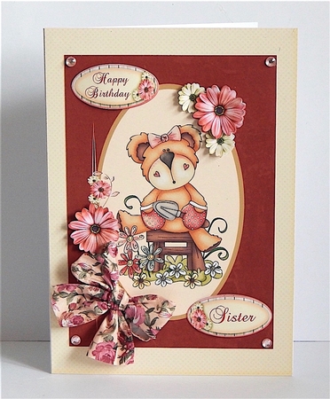 Birthday card for female relatives with teddy bear gardener by Denise Murray
