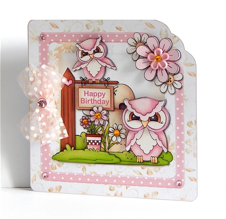 Cute Owls Large Pink Scalloped Corner Card Kit by Denise Murray