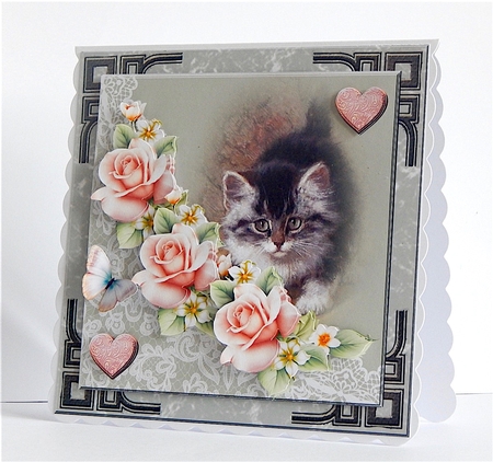 Vintage cat with pink roses by Denise Murray