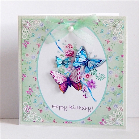 Birthday butterflies 6 x 6 card topper with decoupage by Denise Murray