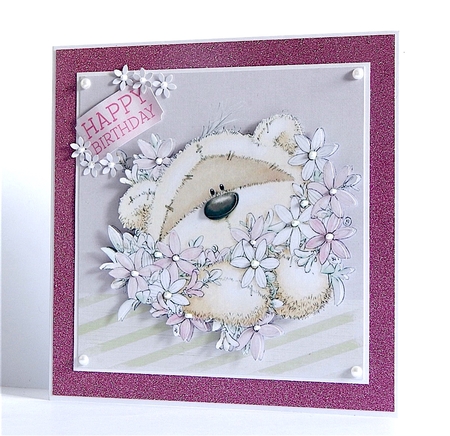 Cute teddy with bunch of flowers card 6 x 6 card topper by Denise Murray