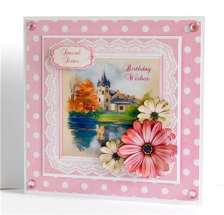 Watercolour scene birthday card with decoupage flowers & family tags by Denise Murray