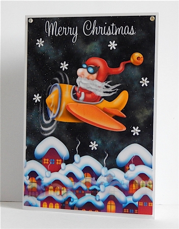 Flying Santa Card Front by Denise Murray