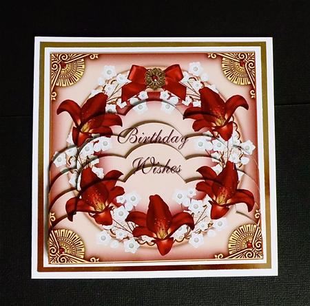 Deep Red Lillies Birthday Ring 5in Scallop Bottom Stacker by Denise Murray