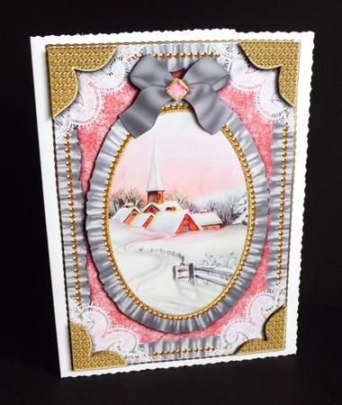 Christmas Snowy Village Lace N Ruffles Card Front by Denise Murray