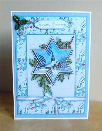 Christmas Church Snowy Scene Star Shaped Pyramid Card Front by Denise Murray