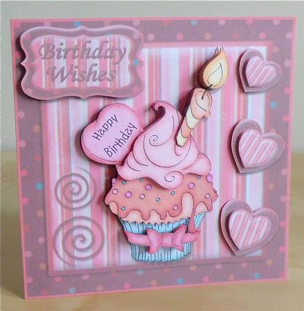 Birthday Wishes Cupcake with Candle + Decoupage Pink & Choc by Denise Murray