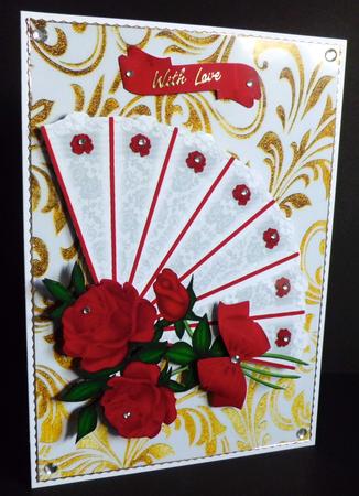 Beautiful Red Roses on Lace Fan with Bow by Denise Murray