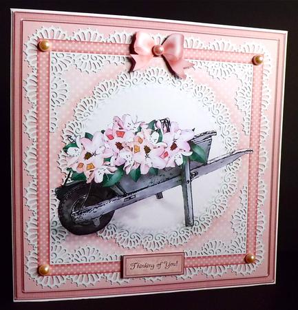 Flower Filled Wheelbarrow 8 x 8 Quick Card Topper by Denise Murray