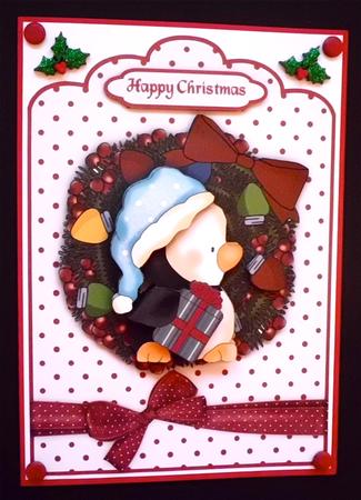 Penguin Wreath 2 A5 Scallop Top Card Front with Step by Step by Denise Murray