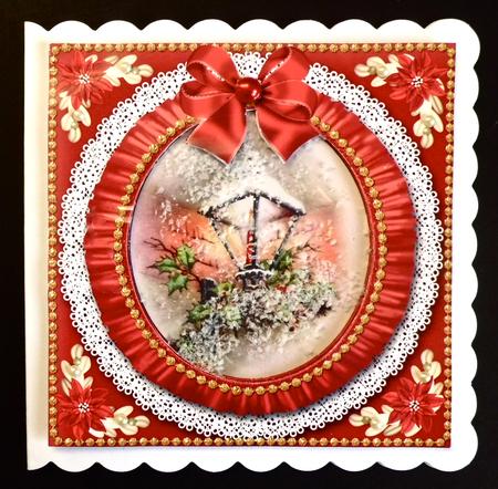Christmas Lantern Red Ruffle Shaker Frame with Base by Denise Murray