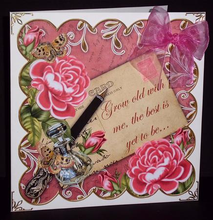 Cerise Roses Dred Grow Old 8in Scallop Decoupage Topper by Denise Murray