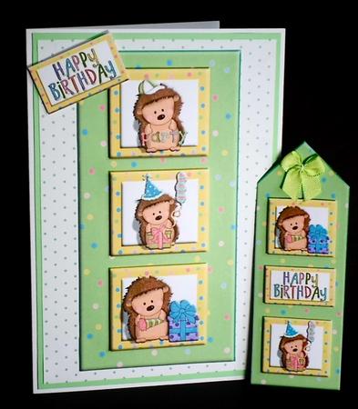 Hedgehogs Birthday Dl Topper and Bookmark by Denise Murray