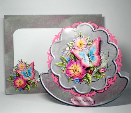Pretty Pink Butterfly and Flowers Scalloped Rocker Card Kit by Denise Murray
