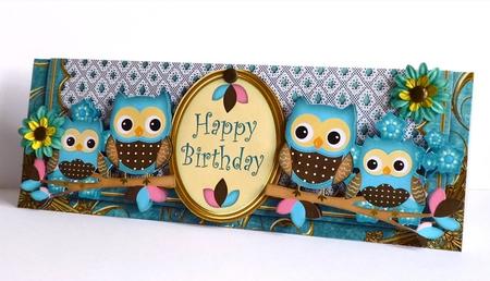 Blue Owls Happy Birthday Large Dl Decoupage Card Kit by Denise Murray