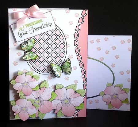 Friendship Pink Rose Scalloped S Edged Card by Denise Murray