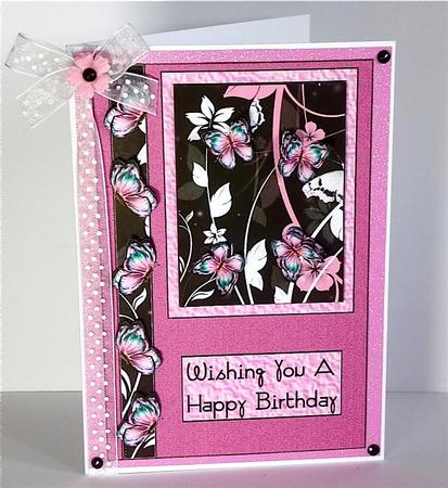 Pink and Black Floral Butterfly Card Front by Denise Murray