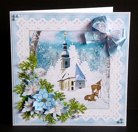 8x8 Ice Blue Snowy Church Scene by Denise Murray