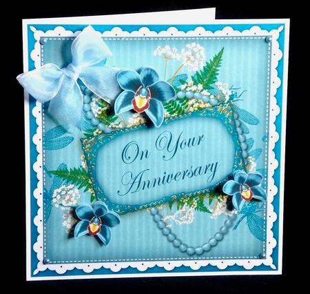 Teal Orchids Your Anniversary 8in Vintage Decoupage Topper by Denise Murray