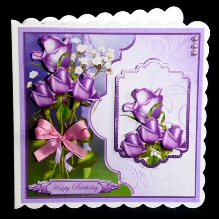Purple Tea Rose Card Front with Topper and Decoupage by Denise Murray