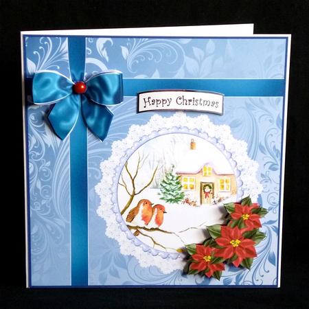 8x8 2 Robins with Bow and Poinsettia Decoupage by Denise Murray